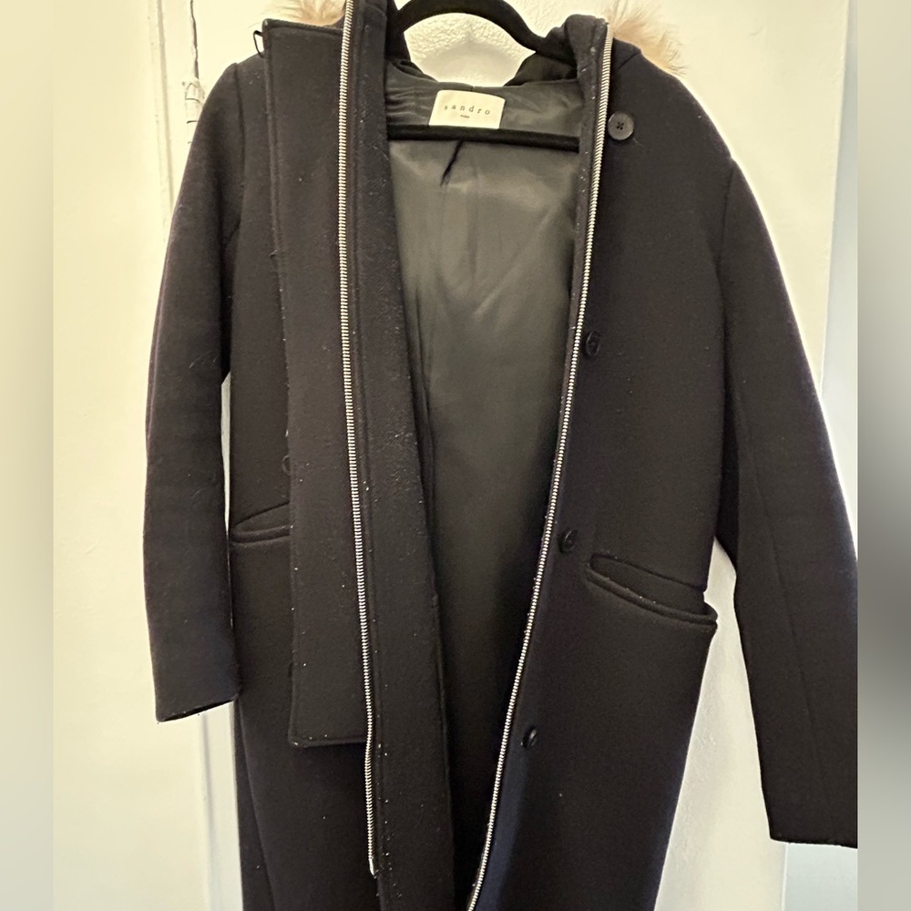 Sandro Wool Black Coat with Real Fur